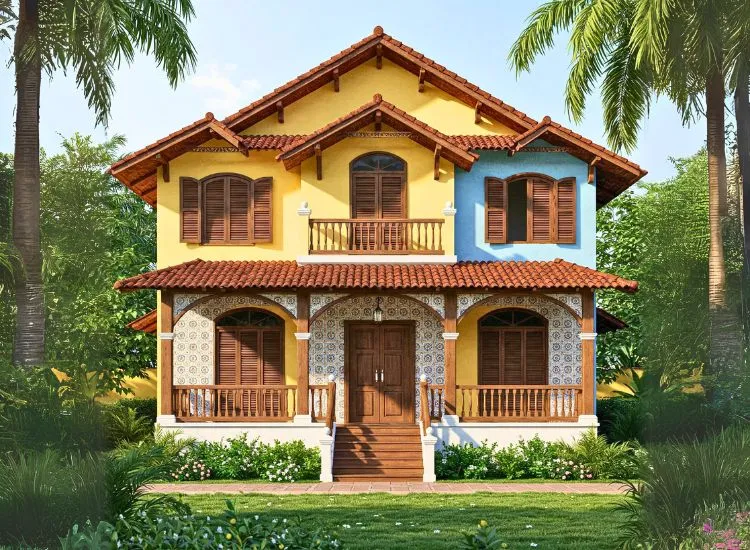 Discover the charm of a Goan-Portuguese heritage house front! A timeless front design with vibrant hues, arched windows, and colonial elegance.