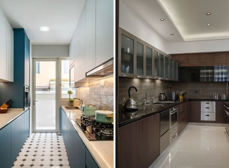 Elegant white kitchen featuring wooden cabinets and shelves, complemented by a beautiful countertop design