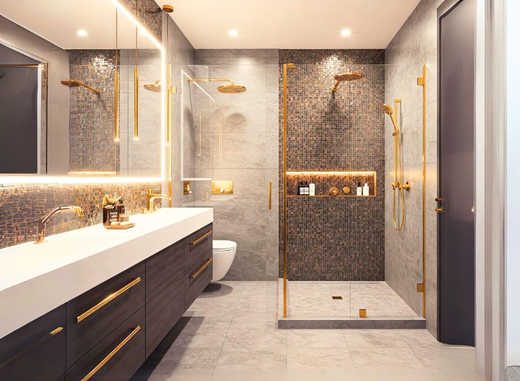 Penthouse design showcasing luxury bathroom finishes, including sleek marble surfaces, custom vanities, and high-end fixtures for a spa-like, opulent feel.