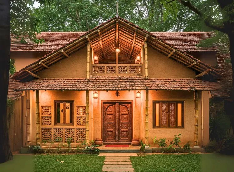 Embrace sustainability with a bamboo & mud eco-house front! A natural, earthy front design blending traditional charm with modern green living.