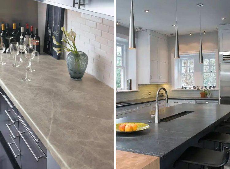 Kitchen countertop with sleek design, featuring a granite surface, stainless steel appliances, and wooden cabinets
