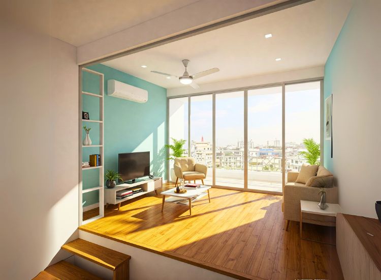 Penthouse design incorporating smart and sustainable materials, featuring eco-friendly flooring, energy-efficient glass, and innovative, sustainable building solutions.