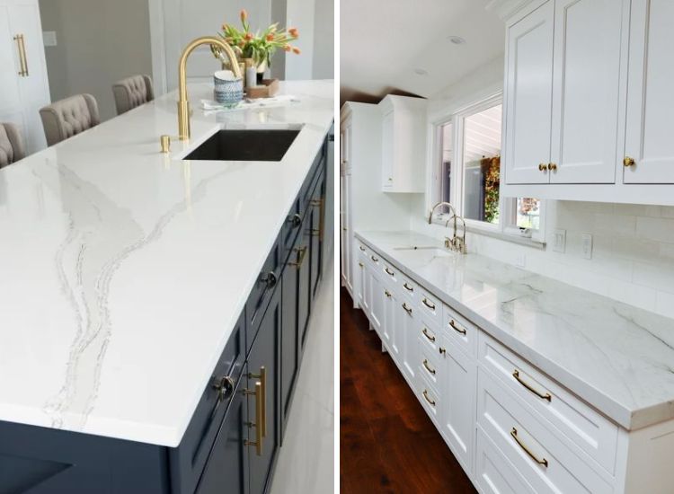 Sleek marble kitchen countertops with an integrated sink, showcasing a modern and elegant design in a contemporary kitchen setting.