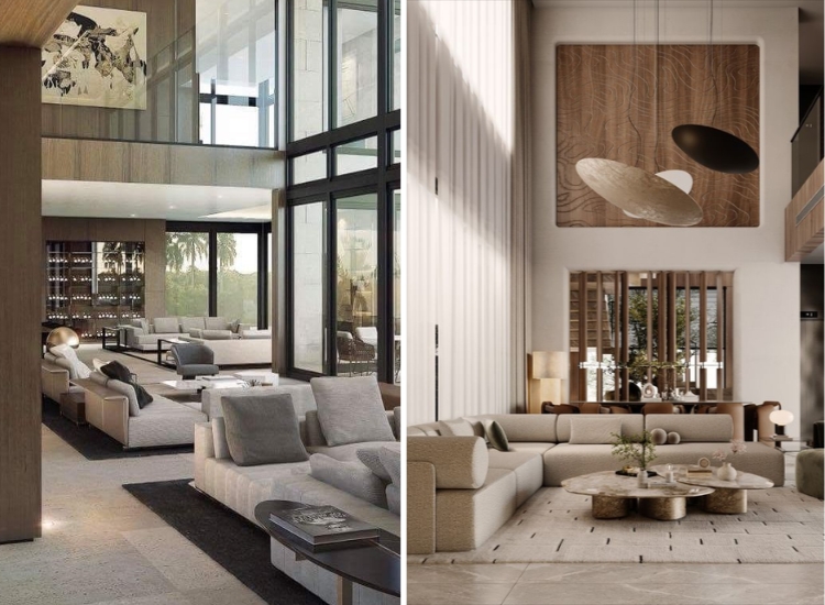 Elegant double-height living room showcasing modern decor, rich textures, and ample natural light for a spacious, luxurious feel.