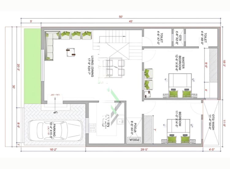 Explore a well-designed single-floor 30x50 house plan with a functional layout for a comfortable and efficient home.