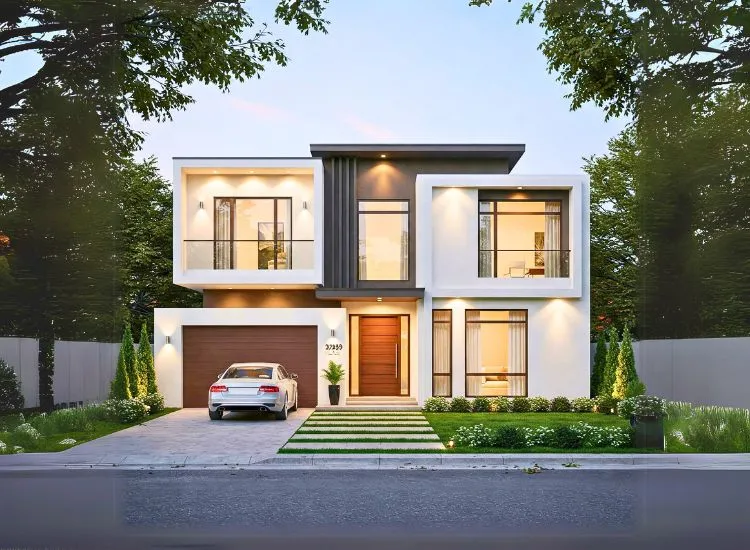 Achieve elegance with a contemporary minimalist house front! Sleek lines, simple aesthetics, and a stylish front elevation for a modern home.