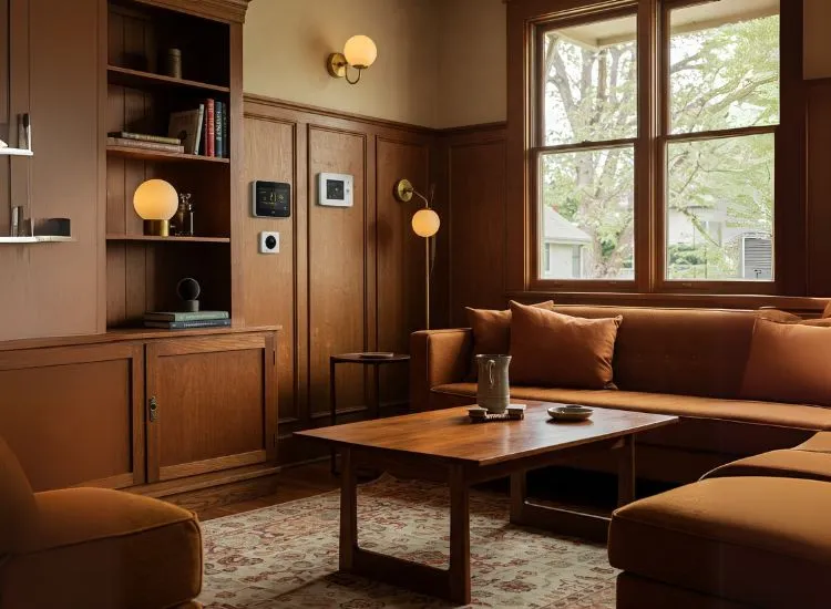 Modern bungalow interior with seamlessly integrated tech—hidden speakers, smart lighting—enhancing function without disrupting the style.