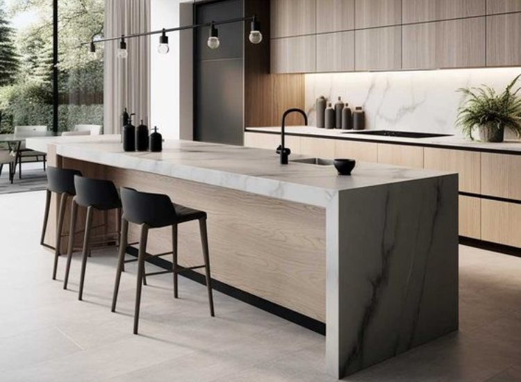 Modern and chic island-shaped kitchen design, showcasing a spacious layout with stylish finishes and functional seating for versatility.