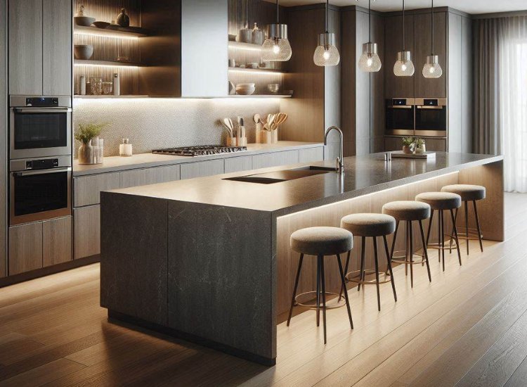 Modern and elegant island-shaped kitchen design featuring sleek lines, premium materials, and a functional centerpiece for cooking and socializing.