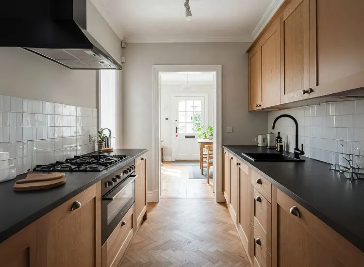 Modern bungalow interior with seamlessly integrated tech—hidden speakers, smart lighting—enhancing function without disrupting the style.
