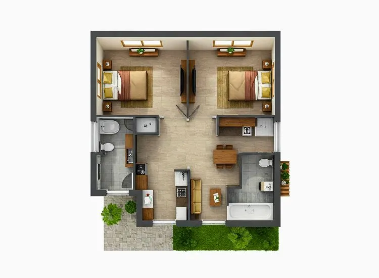 Discover a 2BHK house plan with attached bathrooms, ensuring privacy, convenience, and a modern layout for a comfortable living experience.