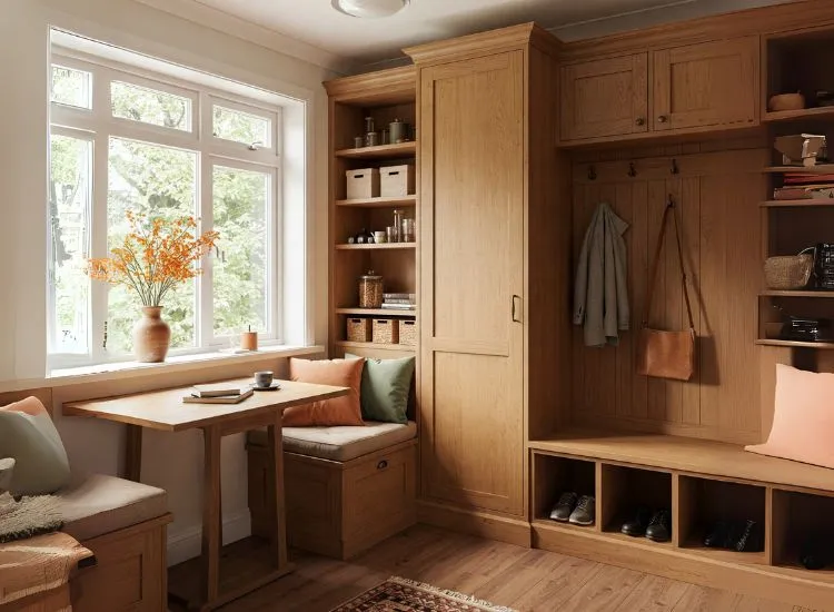 Bungalow interior featuring custom design elements like built-in seating, storage, and lighting tailored to support daily routines with ease.