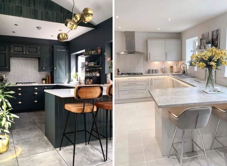 Two elegant peninsula kitchen layouts featuring modern aesthetics, stylish finishes, and functional spaces for cooking and entertaining.