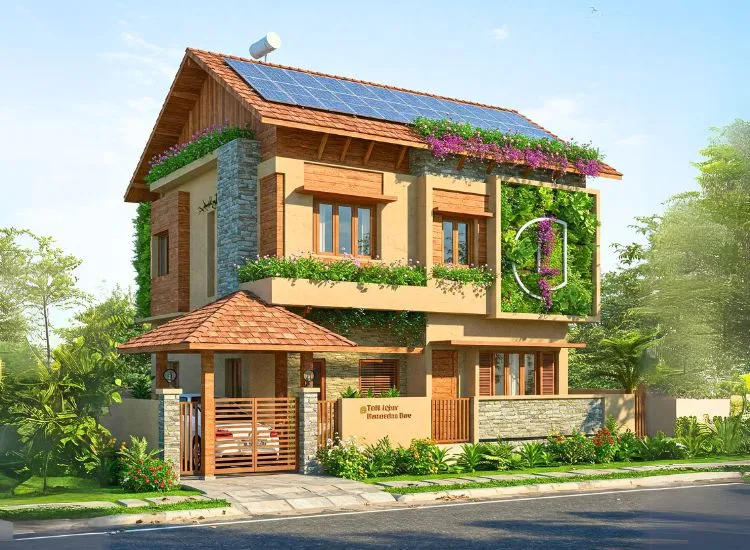 Go green with a sustainable greenhouse design! An eco-friendly house front blending energy efficiency, modern elevation, and natural aesthetics.