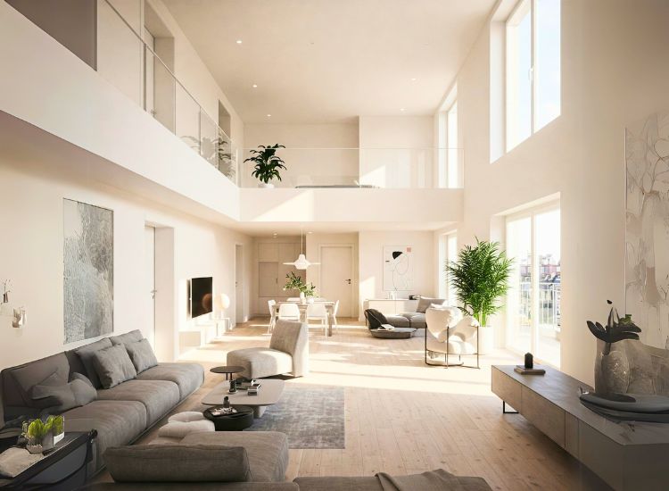 Penthouse design embracing a minimalist approach, with open layouts, neutral tones, and simple furniture that enhance the spacious feel of the living areas.