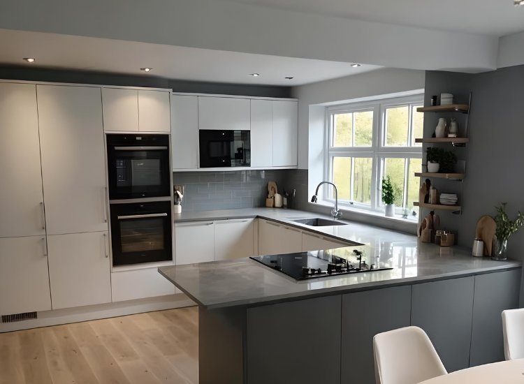 Peninsula kitchen design exuding a rich look with high-end materials, luxurious finishes, and a stylish, functional layout.