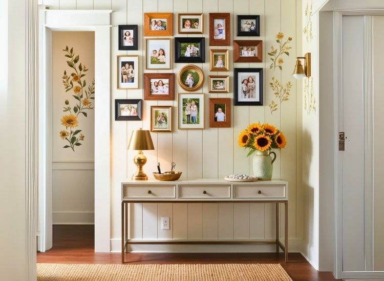 Gallery wall of family photos adding a personal touch to foyer entrance design, creating a warm and inviting entryway decor.