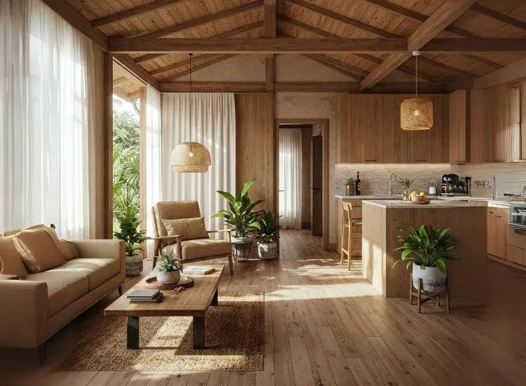 Eco-conscious bungalow interior featuring reclaimed wood furniture, upcycled décor, and mindful material choices for sustainable living.
