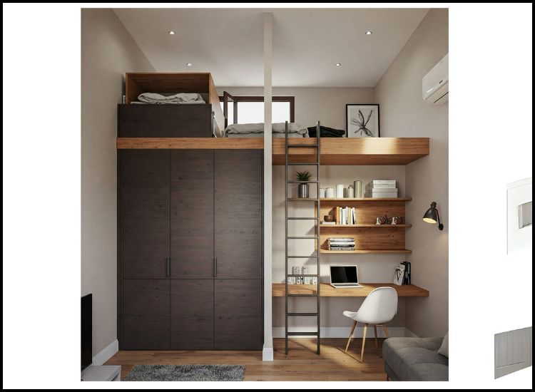 Penthouse design featuring vertical storage solutions, including tall shelves, wall-mounted cabinets, and floating racks to maximize space while maintaining a sleek look