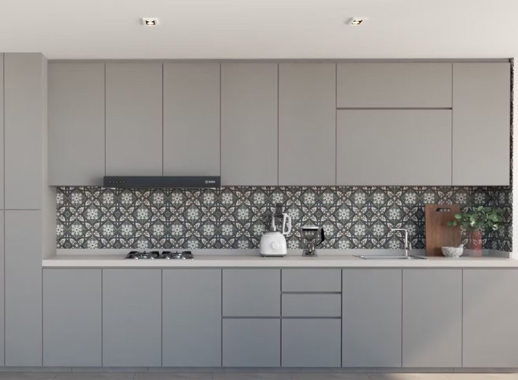 Grey straight kitchen with printed dado tiles above kitchen countertops