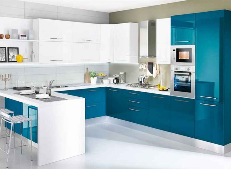 Blue and white themed open kitchen design showcasing a bright, airy atmosphere with stylish cabinetry and cohesive color accents.