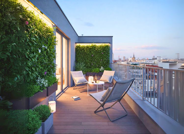 Penthouse design with optimized balcony and terrace spaces, featuring compact outdoor furniture, green plants, and cozy seating areas to make the most of limited outdoor areas.