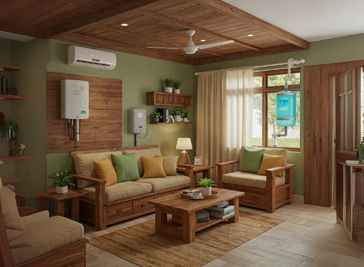 Chic bungalow interior blending stylish design with eco-friendly choices like natural materials, energy-saving lighting, and upcycled decor.