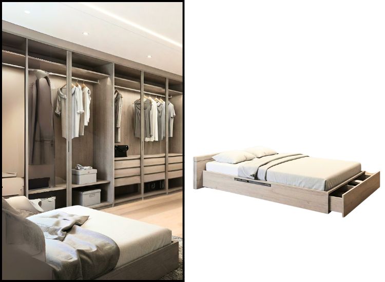 Penthouse design featuring custom walk-in closets and storage beds, offering tailored storage solutions with sleek, built-in shelves and hidden compartments for a clutter-free, organized space.