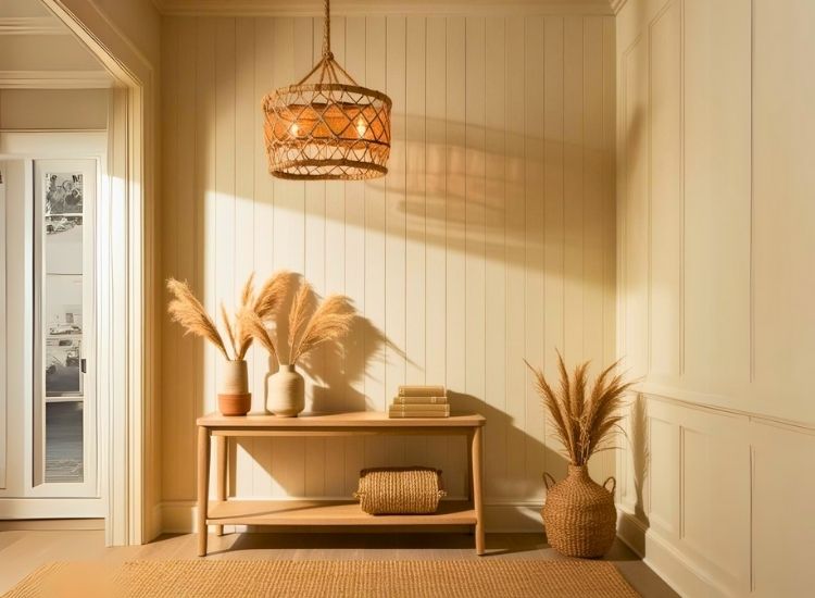 28. Natural Fiber Chandelier Foyer Entrance Idea