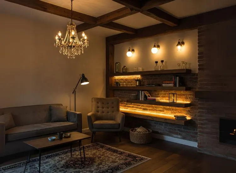 Well-lit bungalow interior showcasing the 3-light rule with ambient ceiling lights, focused task lamps, and warm accent lighting for depth.