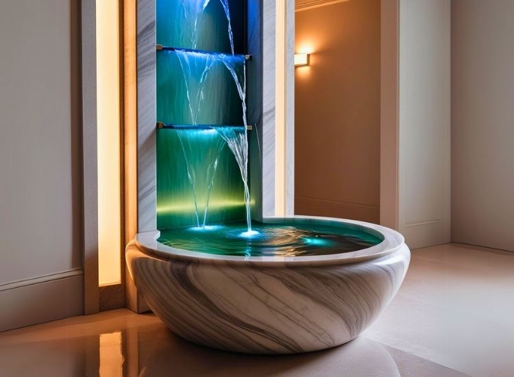 Indoor water fountain enhancing foyer entrance design with soothing sounds and a tranquil ambiance for a welcoming entryway.