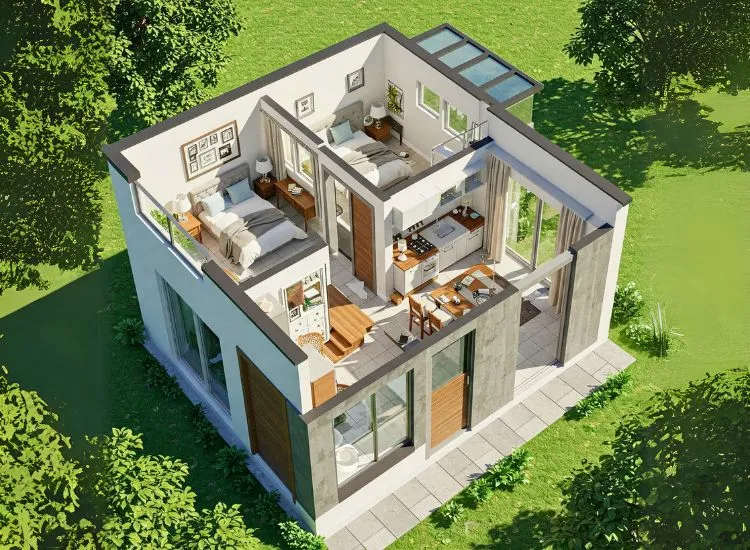 Optimize a small plot with a smart 2BHK house plan, featuring space-saving layouts, modern design, and a functional pooja room.