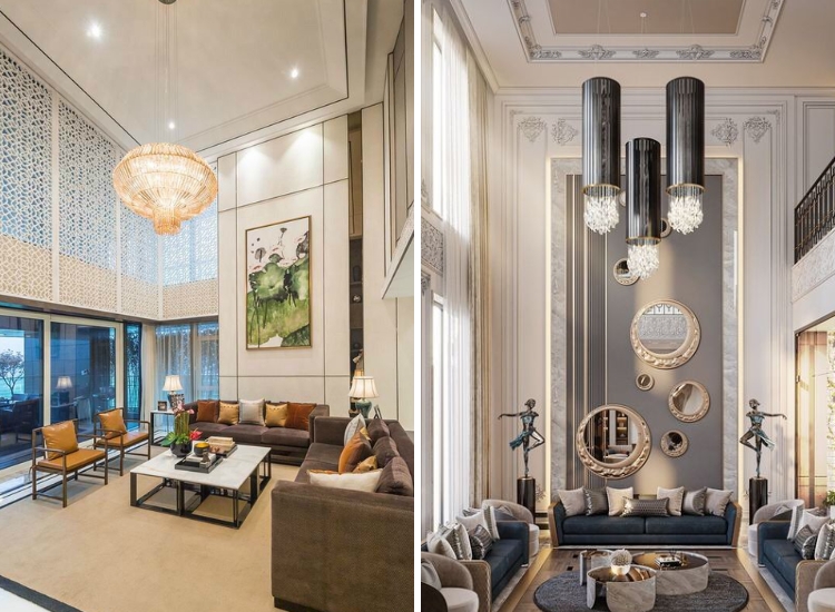 Stylish double-height living room featuring a modern chandelier, sleek furnishings, and large windows for a bright, airy ambiance.