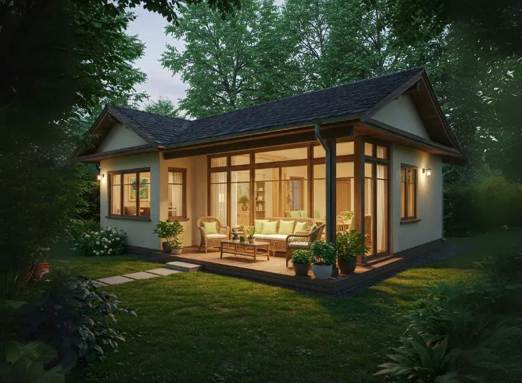 Classic bungalow exterior featuring low-pitched roof, open veranda, and wide horizontal layout surrounded by lush greenery.