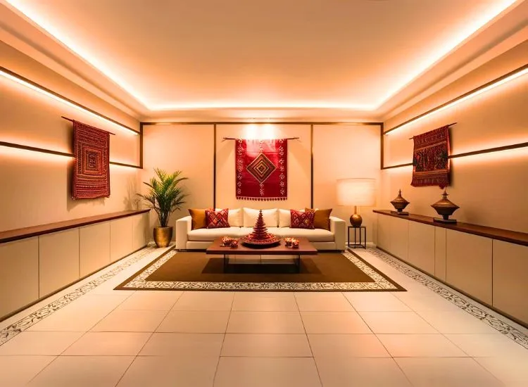 Living room design small but mighty—featuring modern wall art, a sofa that says ‘less is luxe,’ and curtains that mind their own business.