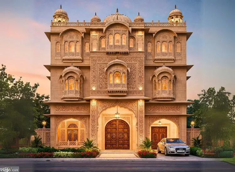 Experience a regal touch with a Mughal-Rajputana-inspired house front design! Stunning front elevation with intricate Indian architectural details.