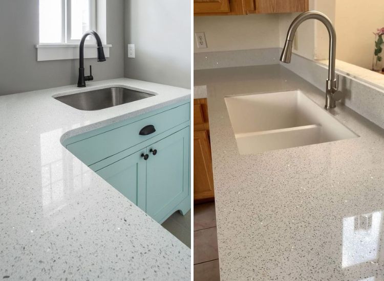 Quartz kitchen countertop featuring a durable, stylish surface with subtle patterns, enhancing the overall elegance of the kitchen.