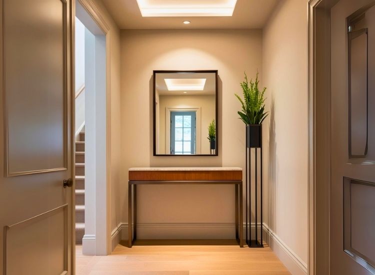Slim console table for foyer entrance design offering stylish hallway table with storage and entryway decorating ideas.