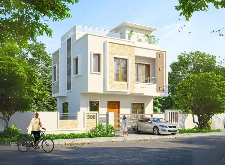 "Illustration of a south facing house with clear front elevation, showcasing layout, vastu elements, and directional placement"