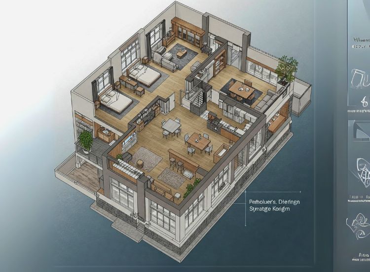 Penthouse design featuring distinct zoning of private and social areas with stylish partitions, cozy lounges, and private bedrooms for optimal living.