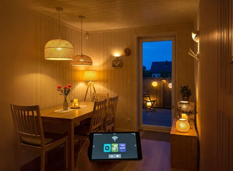 Eco-friendly lighting fixtures in a bungalow setting—featuring LED pendants, bamboo lamps, and solar-powered accents for green living.