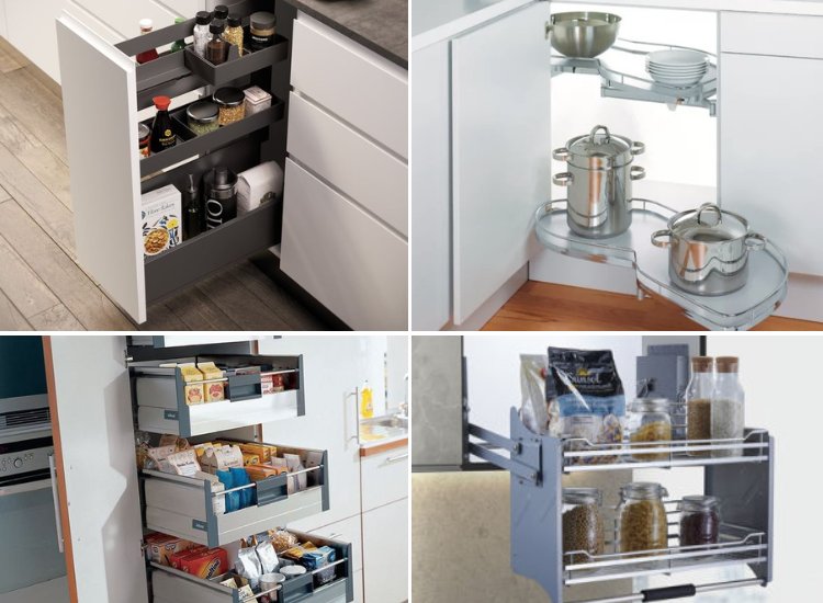 Kitchen storage solutions featuring vertical racks, pull-out shelves, and modern designs for maximizing space and functionality.