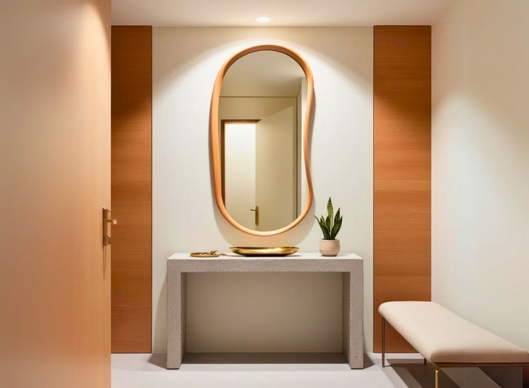 Small foyer with curved mirror adding elegance to foyer entrance design, creating a spacious and stylish entryway.