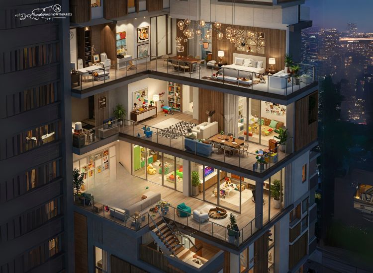 Penthouse design for families, featuring spacious layouts, family-friendly zones, and ample storage to accommodate the needs of both adults and children in a modern living space.