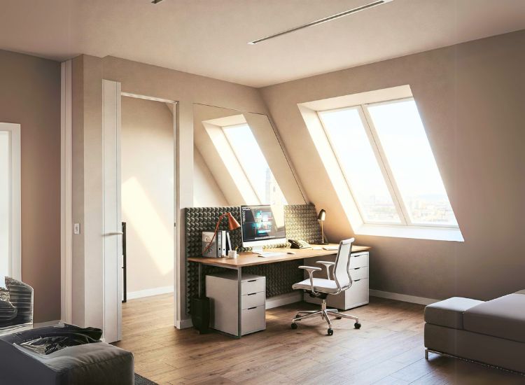 Penthouse design ideal for work-from-home professionals, featuring dedicated office spaces, ergonomic furniture, and quiet zones that enhance productivity while maintaining comfort.