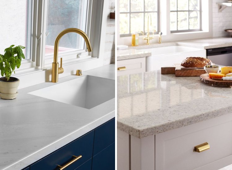 Kitchen countertop materials showcasing two distinct options, highlighting their unique textures and finishes for style and functionality.