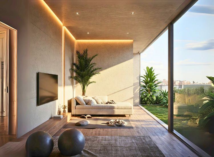 Penthouse design for wellness enthusiasts, with home gyms, spa-inspired bathrooms, meditation corners, and natural elements that promote relaxation and a healthy lifestyle.