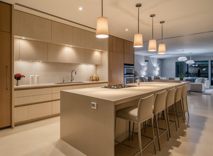 Kitchen lighting showcasing various options, including pendant lights, recessed lighting, and under-cabinet fixtures for versatile illumination.
