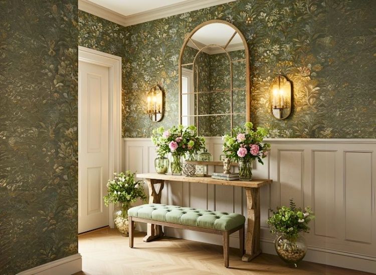 Nature-inspired wallpaper enhancing foyer entrance design with organic patterns and earthy tones, creating a welcoming entryway.