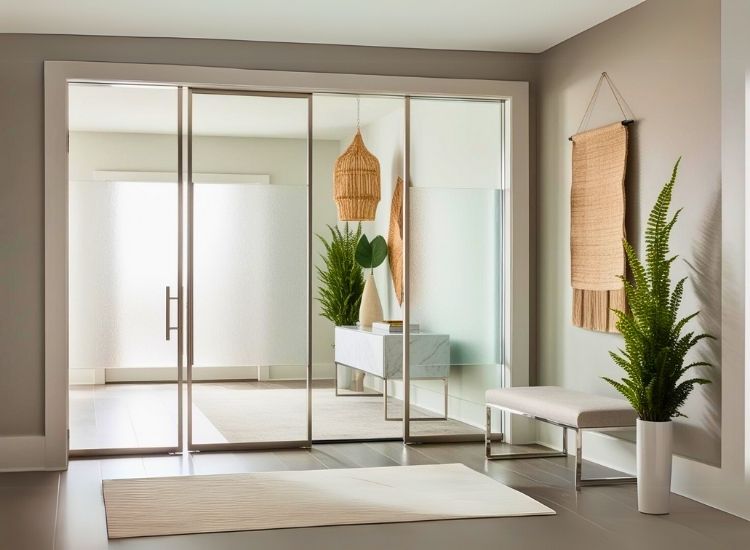Glass panel partition adding modern elegance to foyer entrance design, creating a stylish and functional entryway divider.